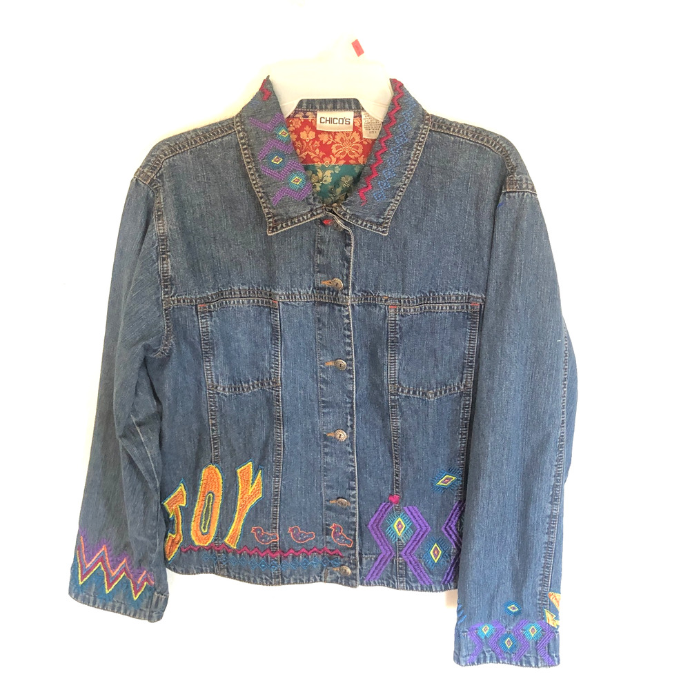 Chico's Denim Bohemian South-west Style Embroidery Jacket Size Large 12